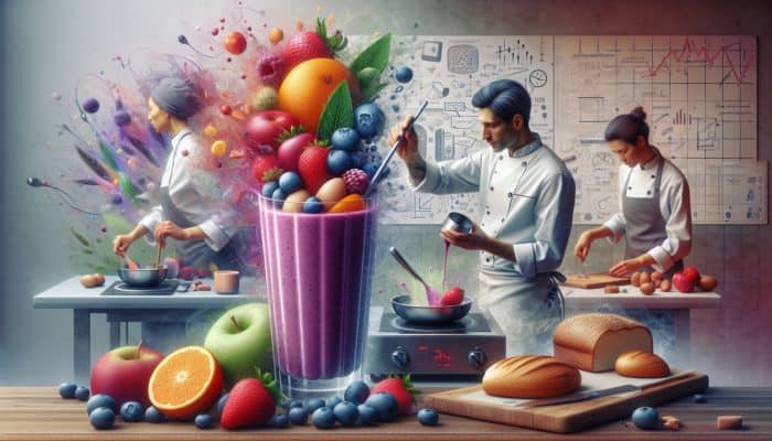A kitchen scene where a professional prepares a smoothie while another cooks eggs and toasts bread quickly.