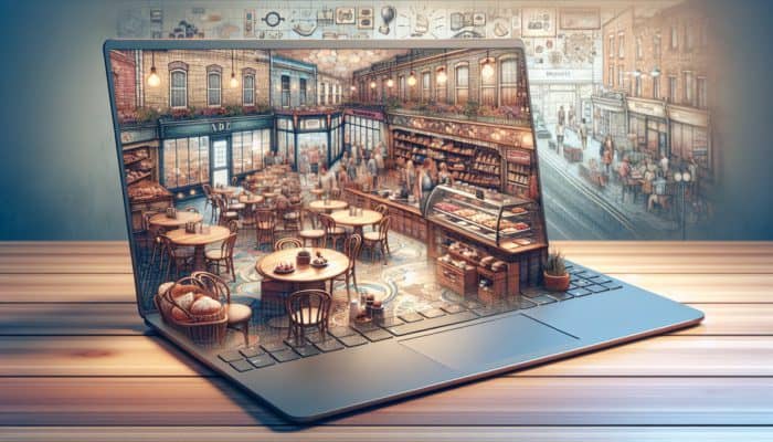 Blog Writing in Weymouth for Small Business: A café and retail outlet with a laptop showcasing a lively blog, enhancing SEO and customer engagement.