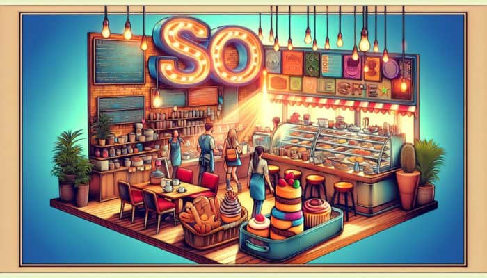 A bustling Weymouth coffee shop featuring a "Best Pastries in Weymouth" sign, frequented by locals and tourists, with SEO keywords woven into decor and menu.