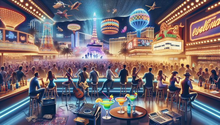 A vibrant Las Vegas bar scene with live entertainment and patrons enjoying colorful margaritas.