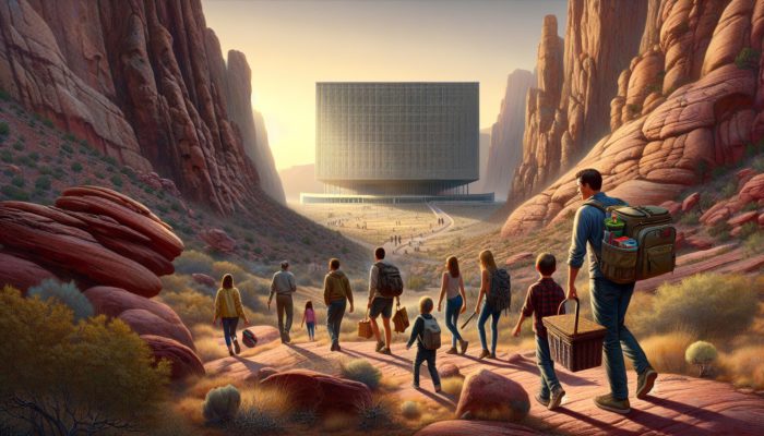 Family hiking at Red Rock Canyon with picnic basket, exploring rock formations, museum in distance.