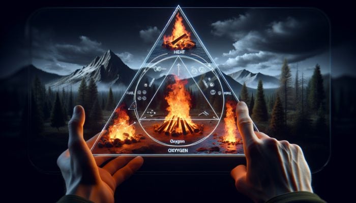 SHTF Fire-Starting: Illustration of the fire triangle with heat, fuel, and oxygen in a wilderness setting.