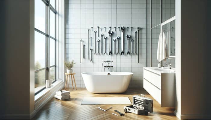 Bathtub Repair Services in Burnaby: A pristine bathtub in a modern bathroom, tools nearby, symbolizing timely repairs for safety and hygiene.
