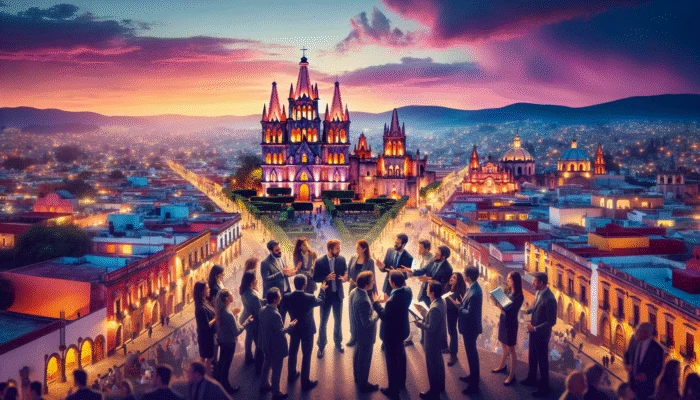 Aerial view of San Miguel de Allende at sunset, vibrant cathedrals, cobblestone streets, colonial architecture, experts discussing.