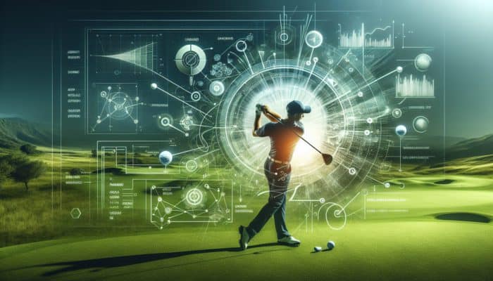 Golfer demonstrating a flawless swing on a green course, with illustrations showcasing swing mechanics and efficiency techniques.