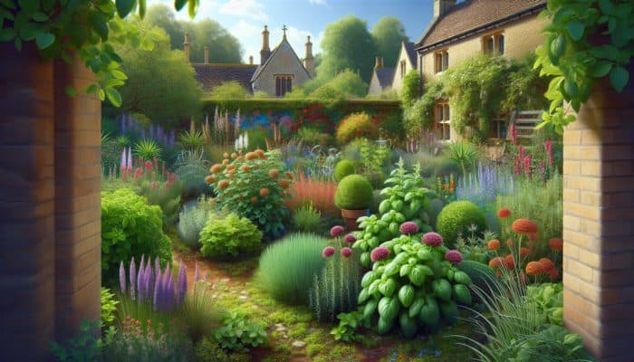 How to Choose Herbs for Beginners: A vibrant UK garden featuring basil, rosemary, thyme, chives, mint, parsley, sage, and oregano plants.