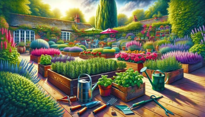 A vibrant UK garden showcasing rosemary, basil, and mint beds, surrounded by gardening tools in a sunny environment.
