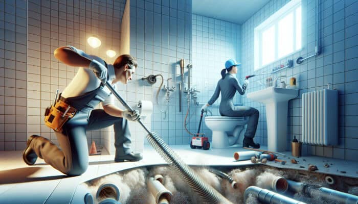 A plumber using a flexible auger and another using hydro jetting in a modern bathroom to clear pipe clogs.