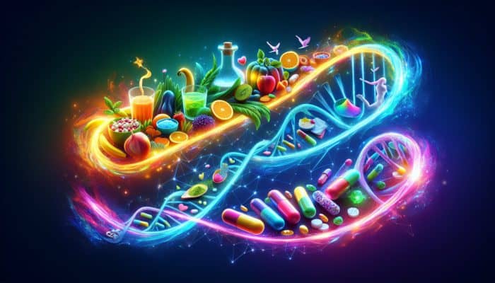 Illustration of diet, supplements, and lifestyle impacting collagen absorption as streams of light into a glowing molecule.