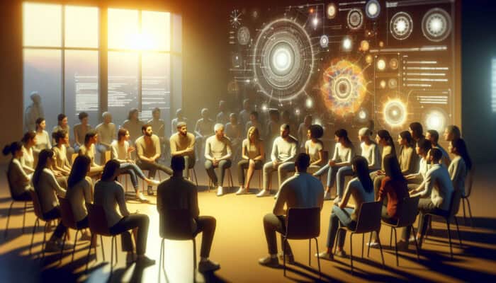 A diverse group gathered in a circle, engaged in supportive dialogue and sharing personal narratives.