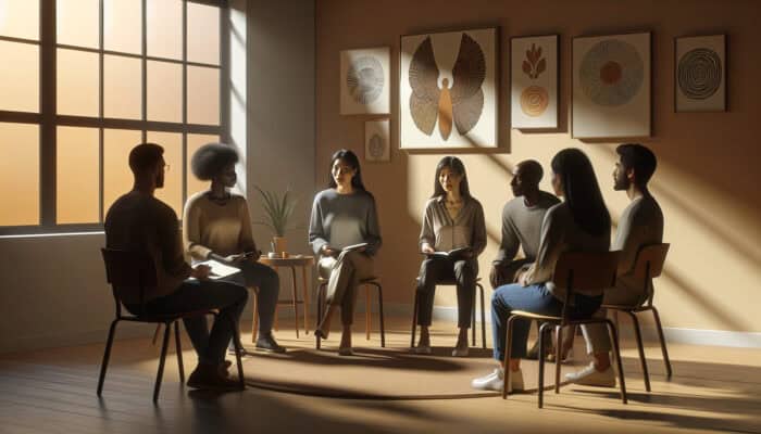 A diverse group in a circle, led by a compassionate facilitator in a warm, inviting room.