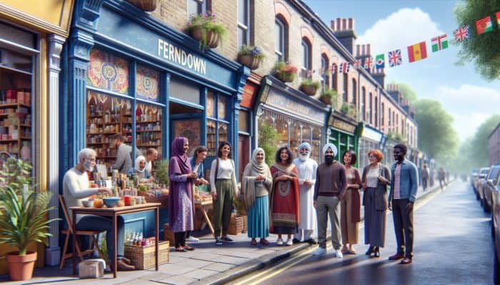 Copywriting in Ferndown for Small Business: A charming Ferndown street showcasing small businesses and vibrant, localized advertisements; customers engaging warmly with shop owners.