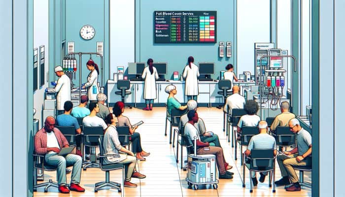 A bustling health clinic in Chadderton, with patients awaiting Full Blood Count services, equipped with modern medical tools and welcoming staff.