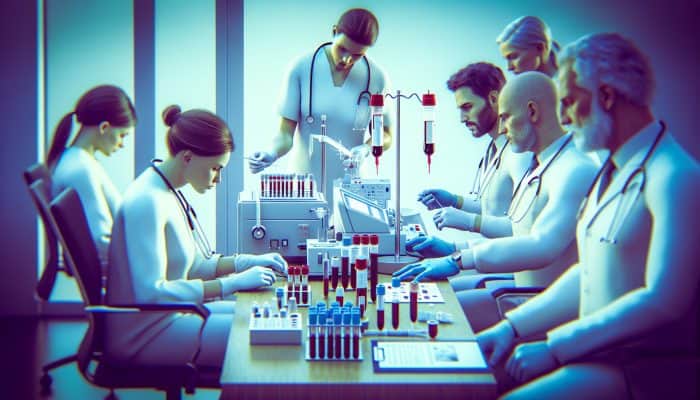 Illustration depicting FBC testing in a Chadderton clinic, professionals analyzing results for early detection of anaemia and infections.