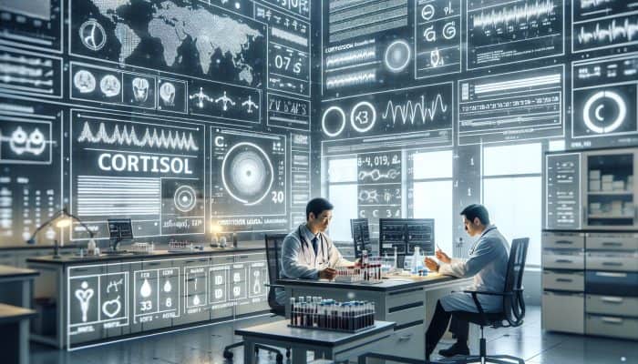 A detailed medical illustration showcasing the cortisol blood test procedure in a modern lab in Bury, with experts analyzing results.