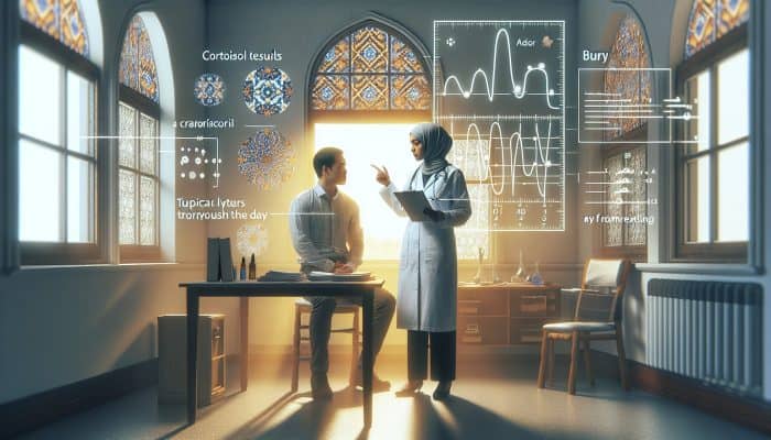 A doctor in Bury explaining cortisol test results using a graph, with morning sunlight streaming into the room.
