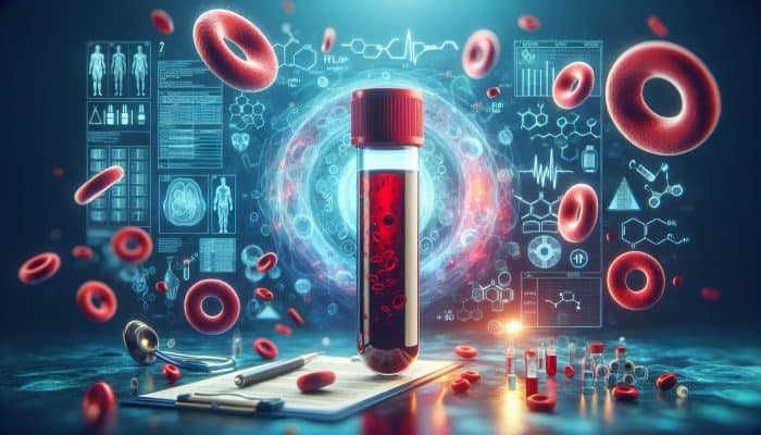 Ferritin Blood Test in Droylsden: Visual representation of ferritin blood test including blood sample, ferritin proteins, red blood cells, and iron storage in a clinical environment.