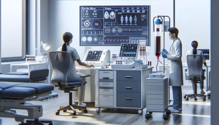 Illustration of a ferritin blood test being conducted in a Droylsden clinic, featuring medical equipment and staff.