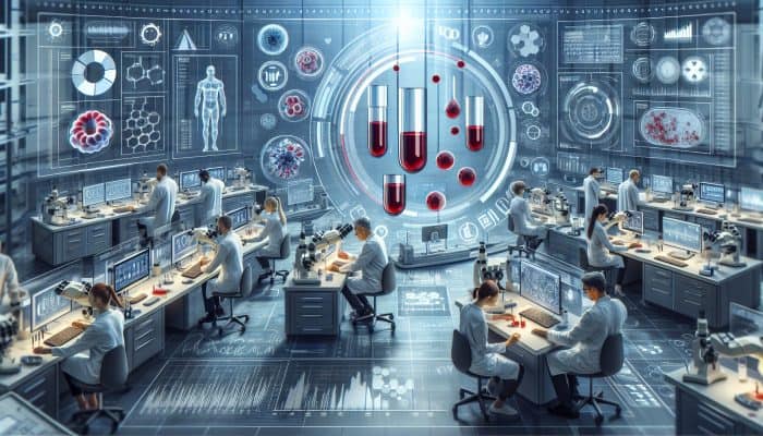 Illustration of full blood count analysis in a modern Radcliffe lab with professionals and high-tech equipment.