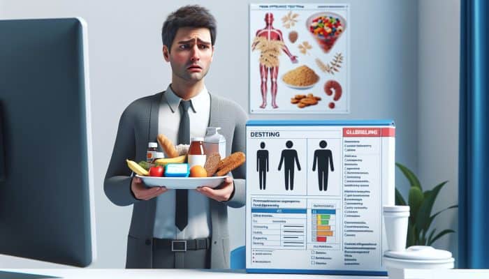 A person with digestive issues and fatigue, confused, holding gluten and dairy food, near a food intolerance test kit in a clinic.