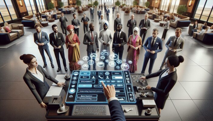 Hotel staff engaging with diverse guests in a luxurious lobby, utilizing modern booking software and role-playing for enhanced service.
