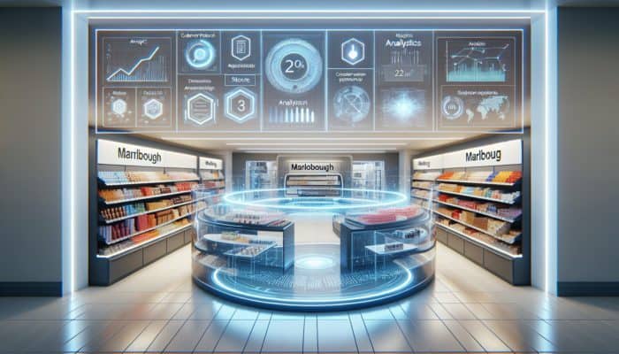 A vibrant Marlborough store showcasing various products, with a floating digital platform displaying analytics.