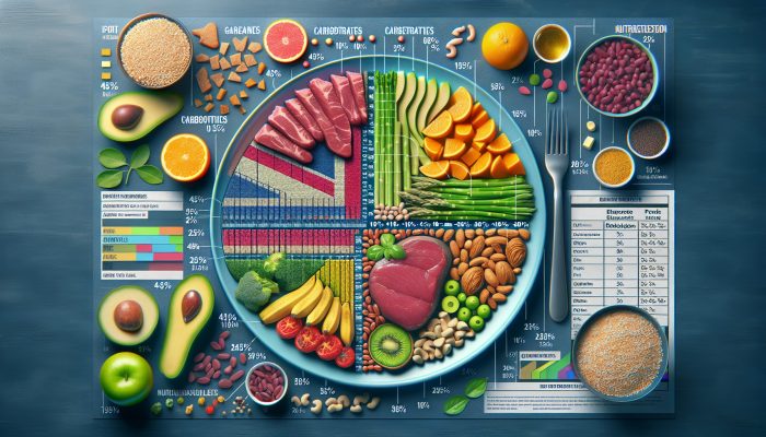 A balanced UK meal plate with carbs, protein, and fats from various sources, showcasing vibrant colors.