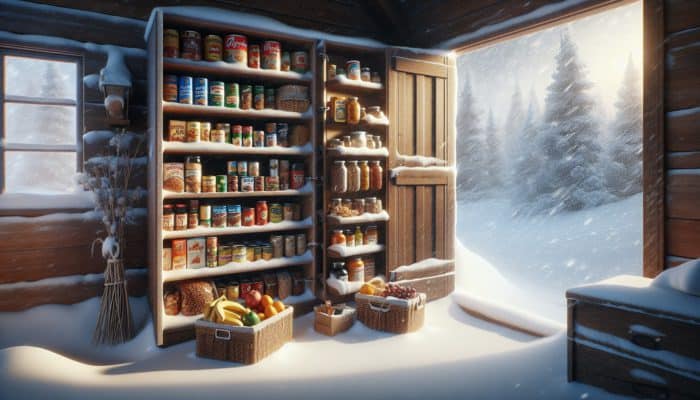 A well-stocked pantry filled with non-perishable foods such as canned goods, dried fruits, and nuts, ready for a blizzard.