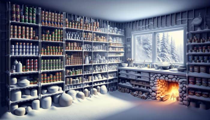 A snow-covered kitchen displaying neatly organized shelves with canned goods, dried foods, and water bottles, illuminated by a fireplace.
