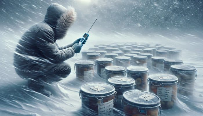 A person checks the temperature of food with a thermometer in sealed containers during a snowy storm to ensure safety.
