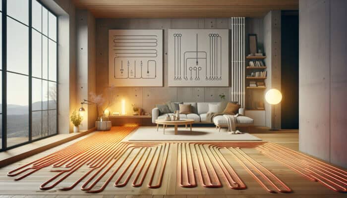 Hydronic Radiant Floor Heating in North Vancouver: Cozy living room showcasing hydronic radiant floor heating, featuring warm water pipes beneath wooden floors for a draft-free atmosphere.