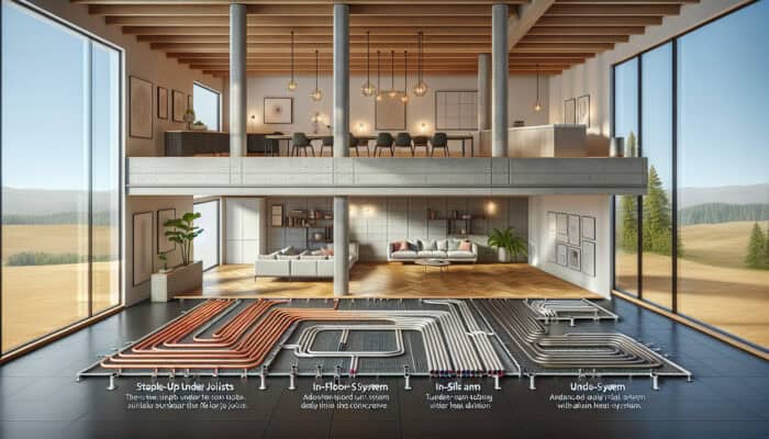 Various types of hydronic radiant floor heating systems showcased in a modern room setting.