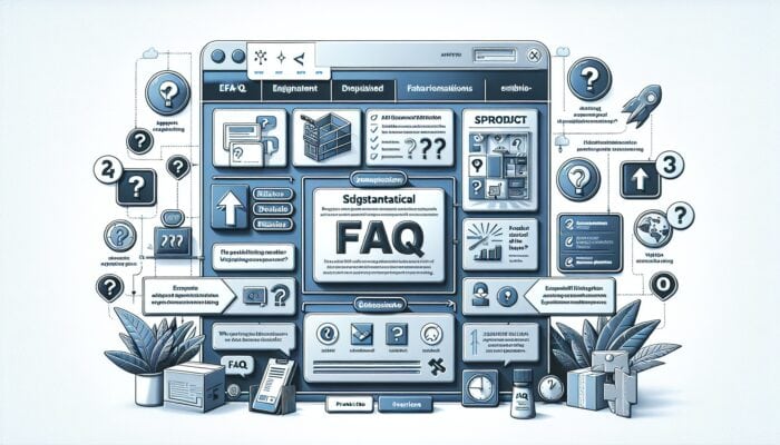 An e-commerce platform displaying FAQs on product pages and a dedicated, organized FAQ section accessible from the main menu.