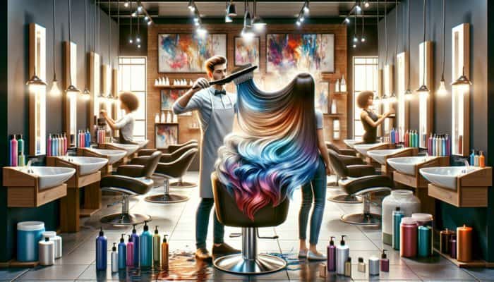 A professional stylist applying ombre hair color using high-quality products in a well-lit salon.