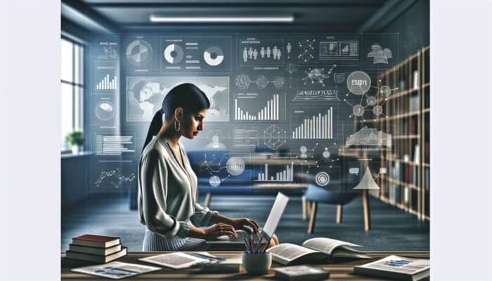 Small business owner evaluating SEO trends on laptop in a modern workspace, surrounded by marketing materials.