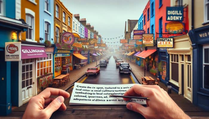 A Gillingham street scene with various businesses showcasing tailored digital ads, reflecting local culture and trends.