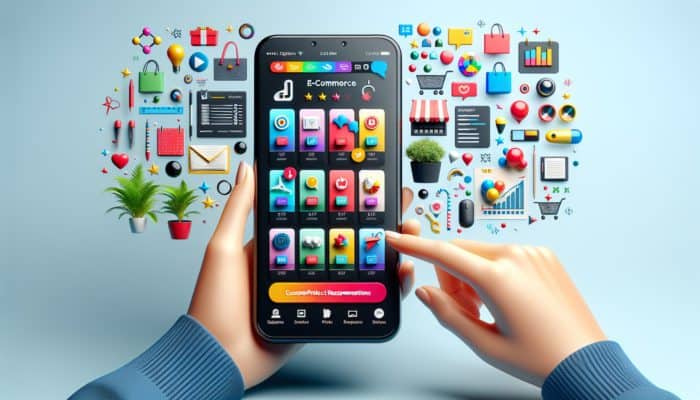 A smartphone displaying a modern e-commerce site with personalized recommendations and vibrant, user-friendly interface.