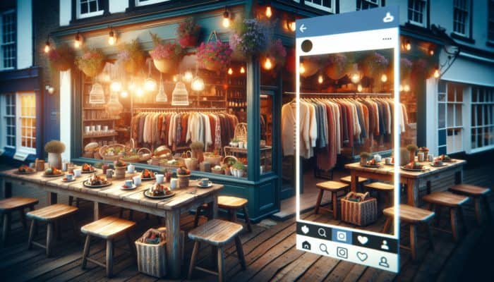 A lively Sidmouth café featuring colorful seasonal dishes and a chic boutique showcasing unique clothing on Instagram.