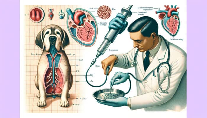Illustration of a dog's anal glands secreting a liquid, with a veterinarian manually expressing them.