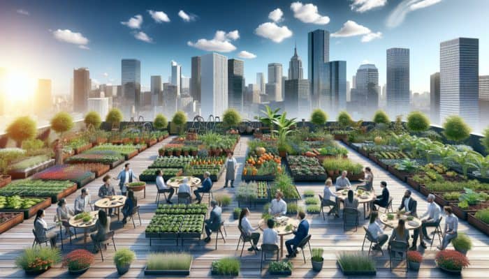 A vibrant urban rooftop garden with diverse plants, expert gardeners, and city skyline under a clear blue sky.