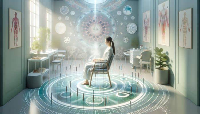 A woman receiving acupuncture in a tranquil UK fertility clinic, surrounded by calming colors and traditional Chinese symbols, highlighting the soothing environment.