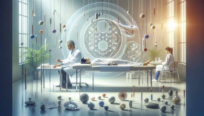 A tranquil NHS clinic showcasing the integration of acupuncture with fertility treatments, symbolising a holistic approach to patient care.