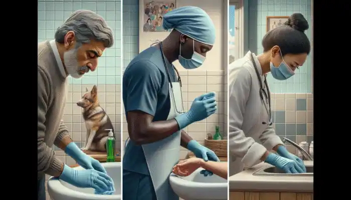 Person cleaning bathroom, healthcare worker, and chef in Kirkby using rubber gloves for protection and hygiene.