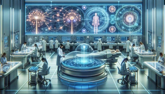 Advanced electroacupuncture devices set in a futuristic medical environment featuring experts and calm patients.