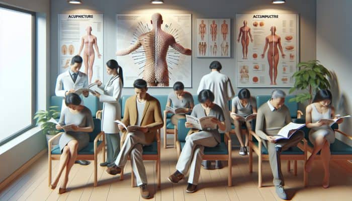 NHS clinic waiting room with patients gaining insights into the integration of acupuncture into modern medical practices.