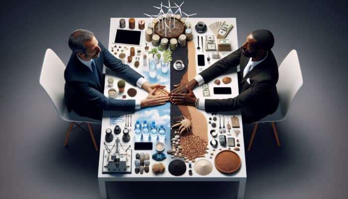 Two individuals engaging in a handshake over a table filled with resources, representing a successful collaboration.