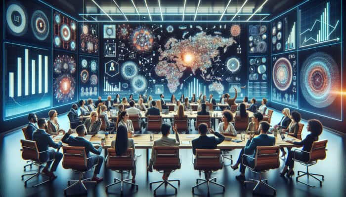 A diverse group of experts discussing strategies in a conference room, surrounded by digital screens and VA logos.