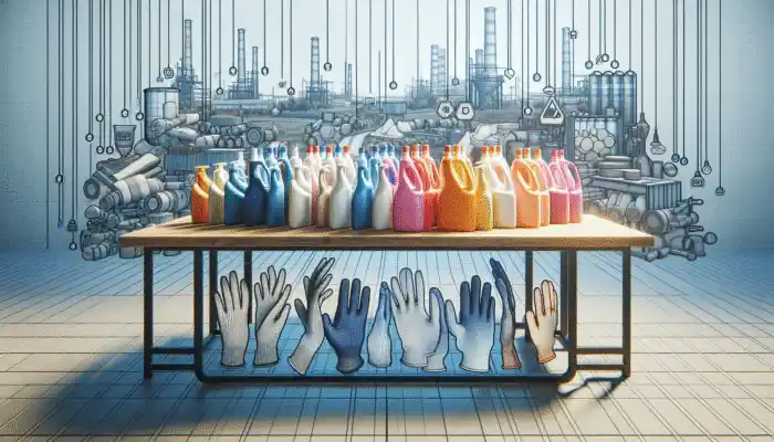 Variety of polythene gloves on display in a Swanscombe store, with an industrial town backdrop.