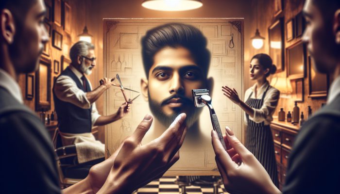 A man's face with a safety razor, guided by expert barbers in a vintage barbershop.