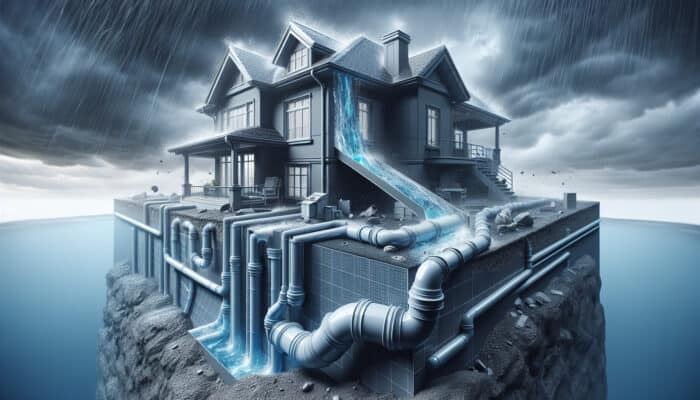 Downspout Drainage Services in Richmond: Illustration of a downspout drainage system efficiently redirecting water from a building's foundation during a storm.